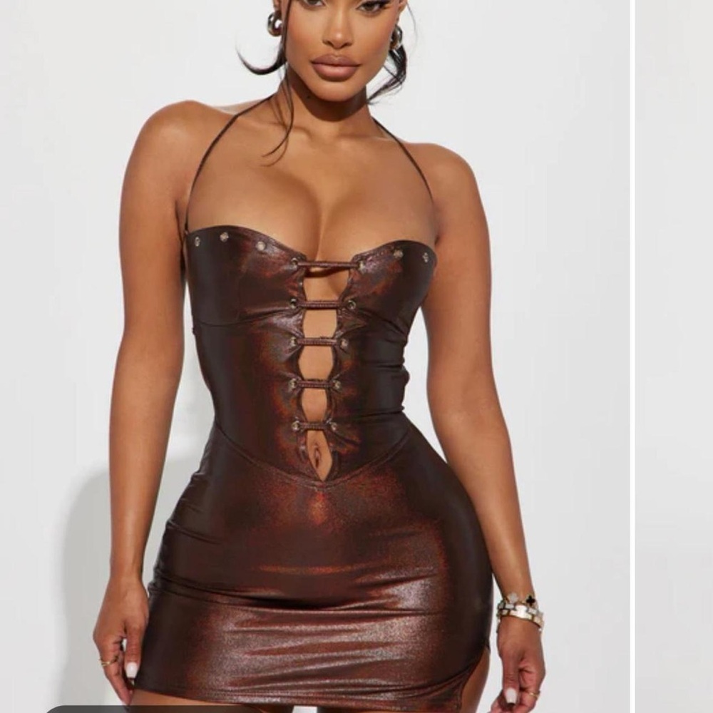 Metallic Brown Halter Mini Dress